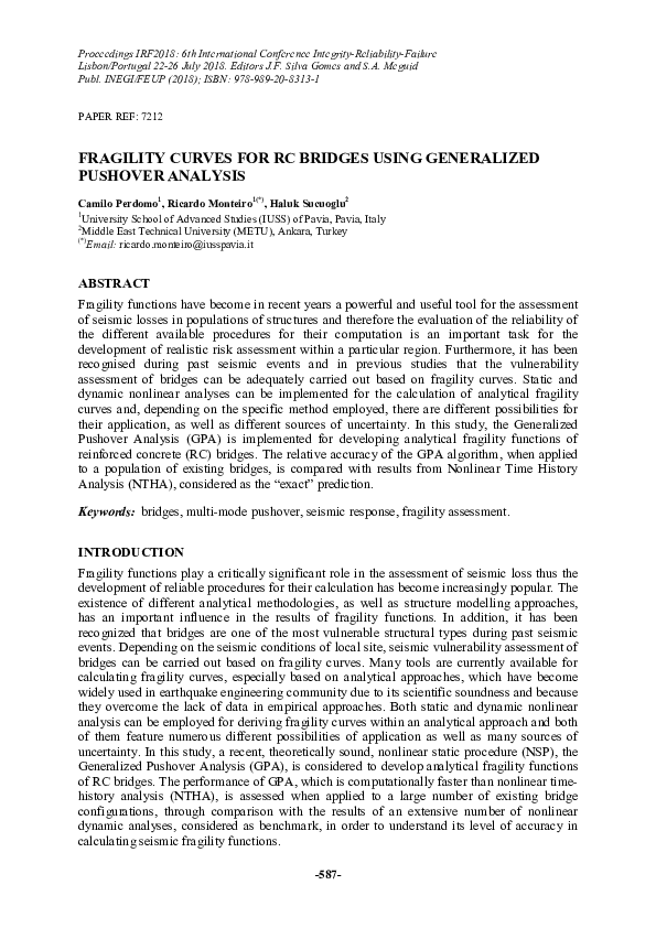 (PDF) Fragility Curves for RC Bridges Using Generalized Pushover Analysis