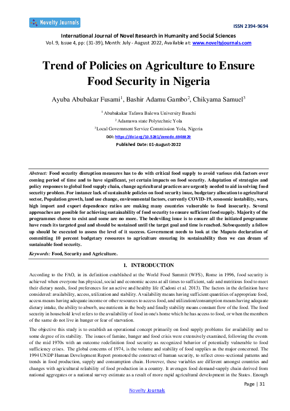 (PDF) Trend of Policies on Agriculture to Ensure Food Security in Nigeria