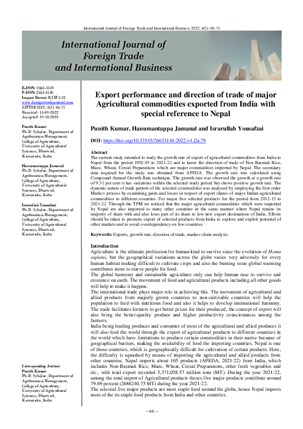 (PDF) Export performance and direction of trade of major Agricultural ...