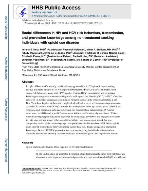 (PDF) Racial Differences in HIV and HCV Risk Behaviors, Transmission ...