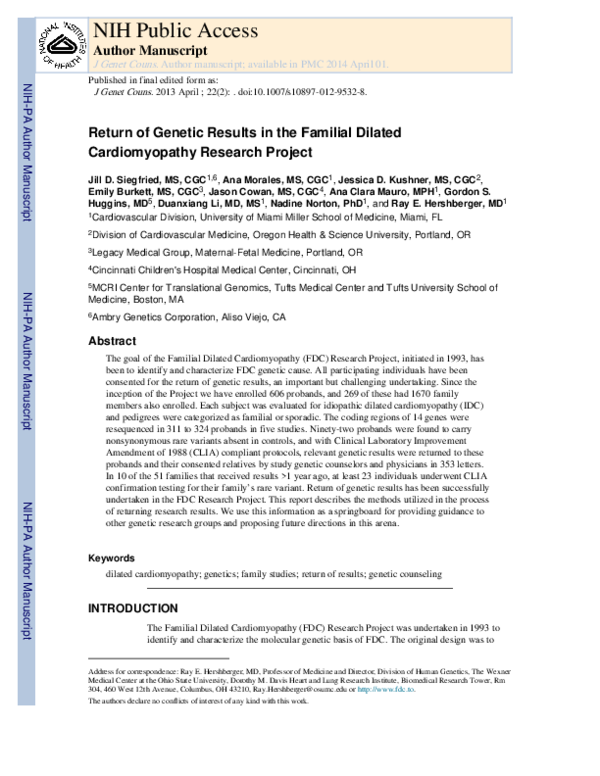(PDF) Return of Genetic Results in the Familial Dilated Cardiomyopathy ...