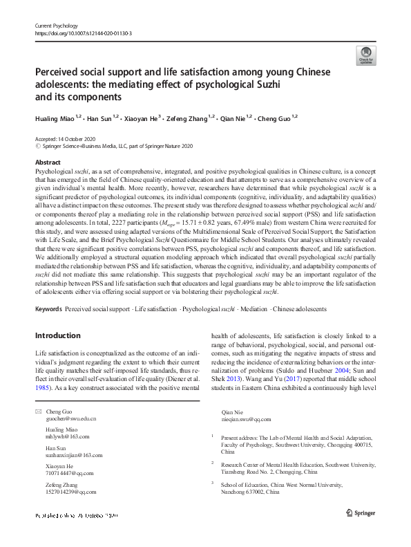 (PDF) Perceived social support and life satisfaction in persons with ...
