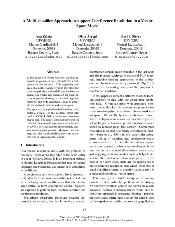 (PDF) A Multi-classifier Approach to support Coreference Resolution in ...