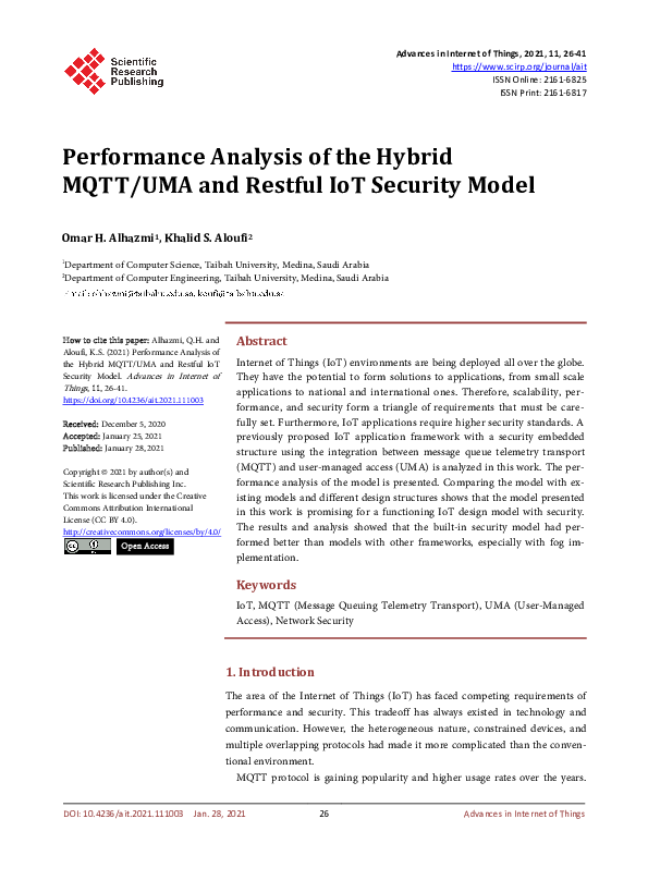 (PDF) Performance Analysis of the Hybrid MQTT/UMA and Restful IoT ...