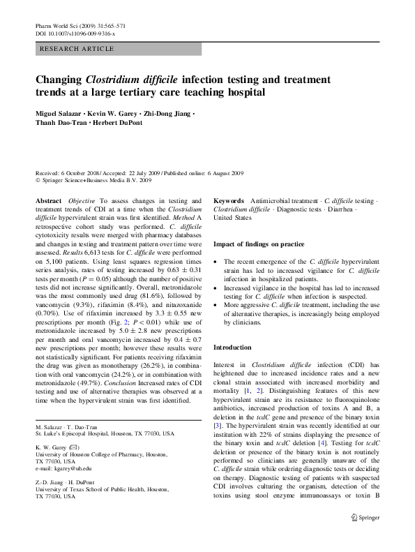 (PDF) Changing Clostridium difficile infection testing and treatment ...
