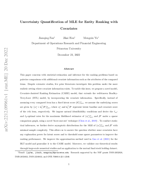(PDF) Uncertainty Quantification of MLE for Entity Ranking with Covariates