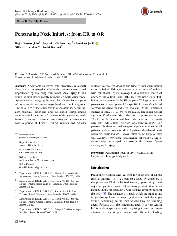(PDF) Penetrating Neck Injuries: from ER to OR