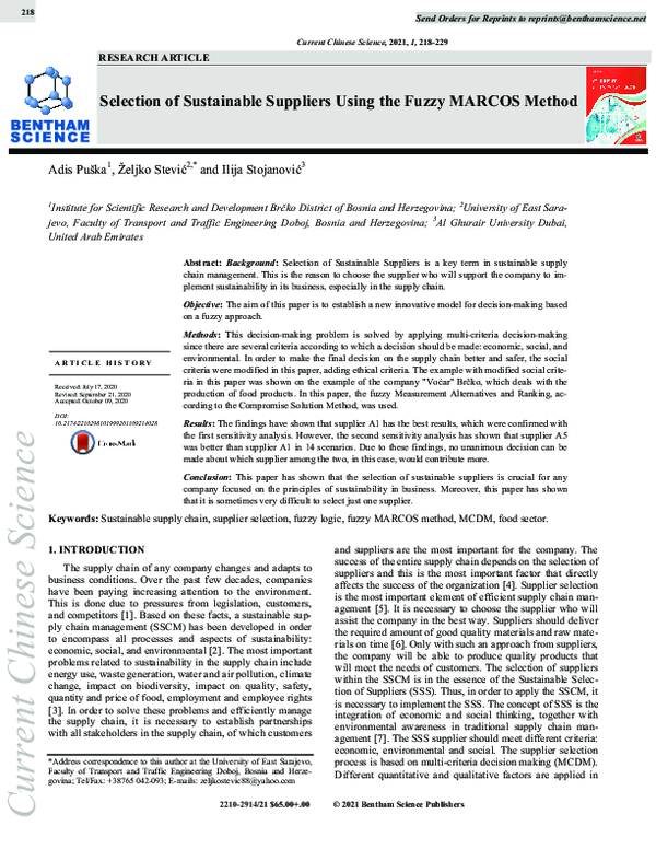 (PDF) Selection of Sustainable Suppliers Using the Fuzzy MARCOS Method