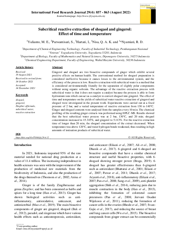 (PDF) Subcritical reactive extraction of shogaol and gingerol: Effect ...
