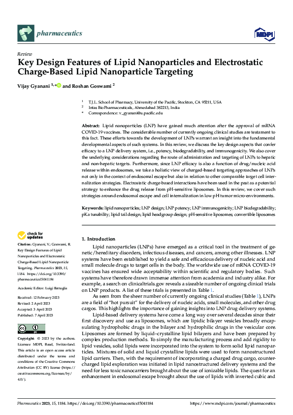 (PDF) Key Design Features of Lipid Nanoparticles and Electrostatic ...
