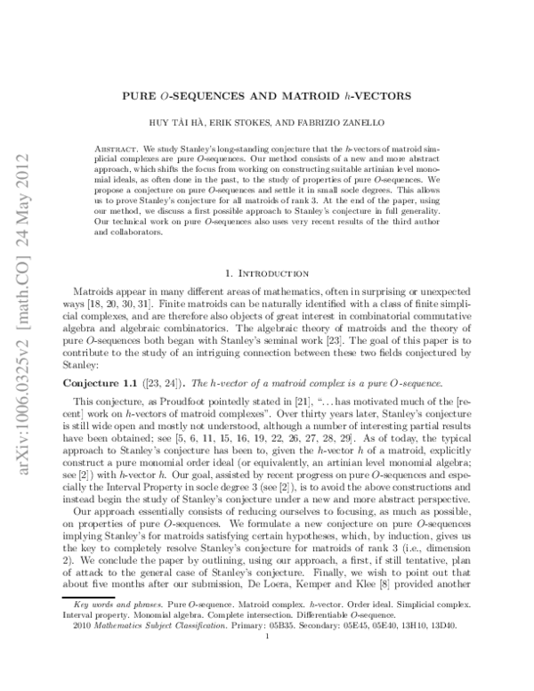 (PDF) Pure O-Sequences and Matroid h-Vectors