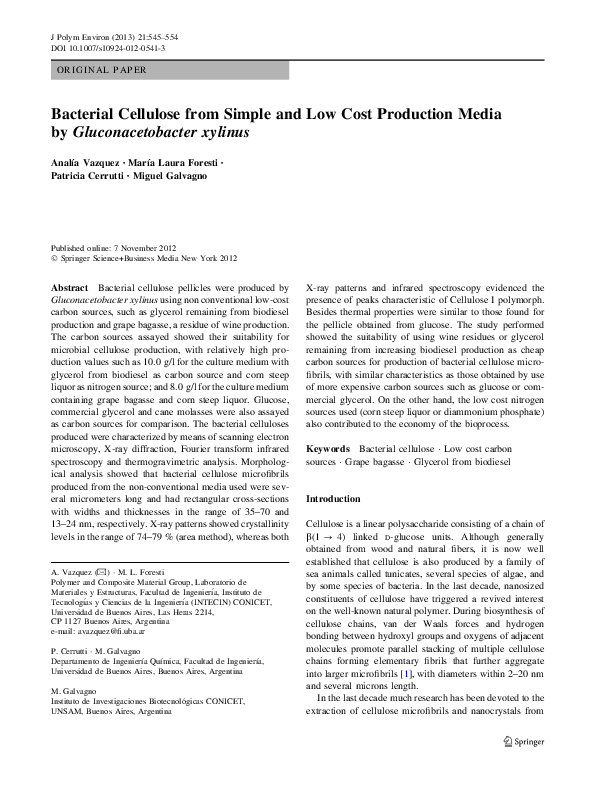 (PDF) Bacterial Cellulose from Simple and Low Cost Production Media by ...