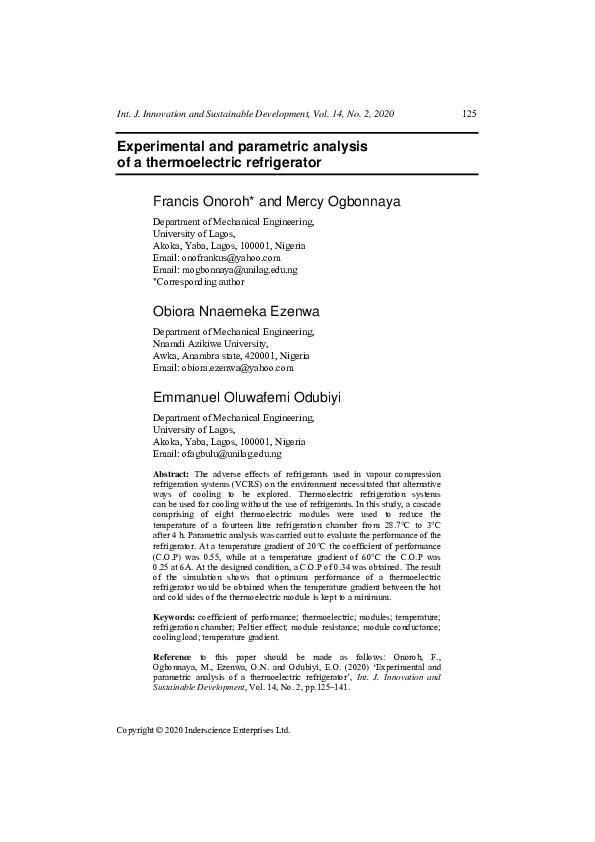 (PDF) Experimental and Parametric Analysis of a Thermoelectric