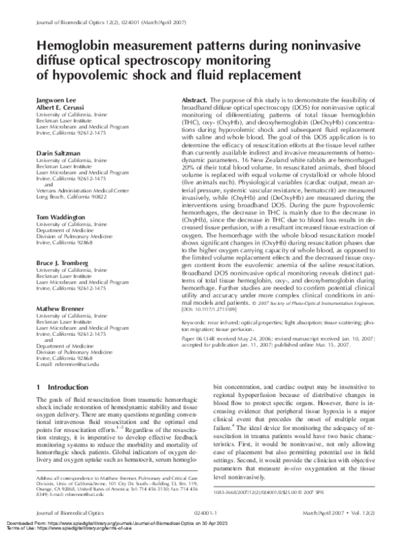 (PDF) Hemoglobin measurement patterns during noninvasive diffuse