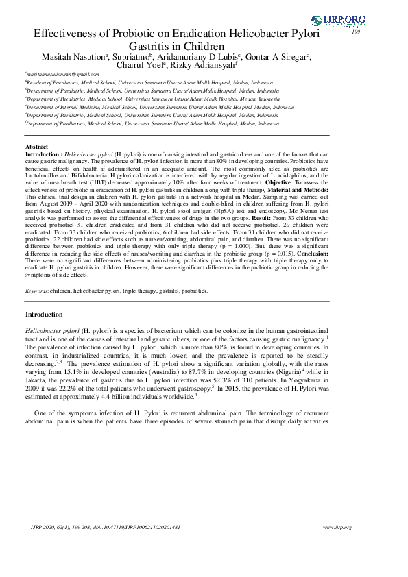 (PDF) Effectiveness of Probiotic on Eradication Helicobacter Pylori ...