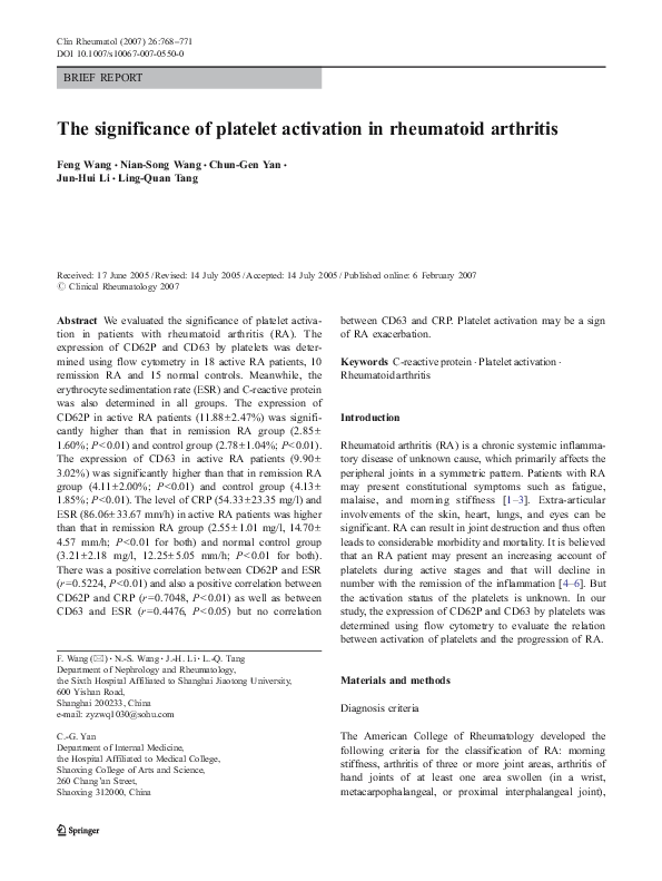 (PDF) The significance of platelet activation in rheumatoid arthritis