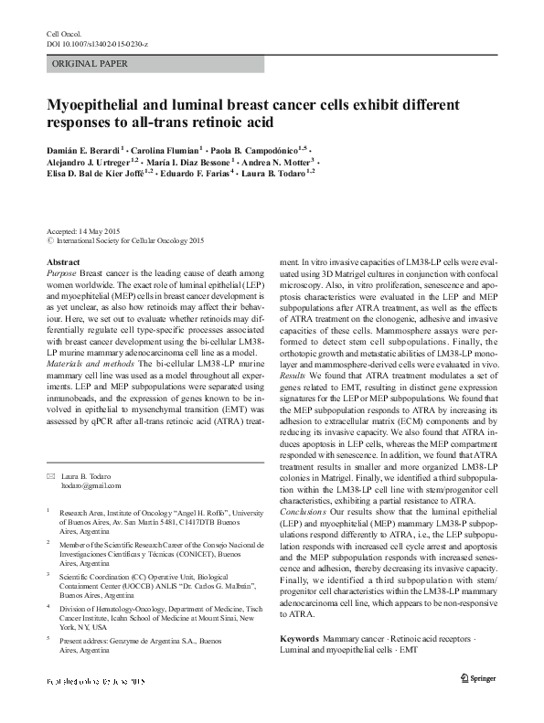 (PDF) Myoepithelial and luminal breast cancer cells exhibit different ...