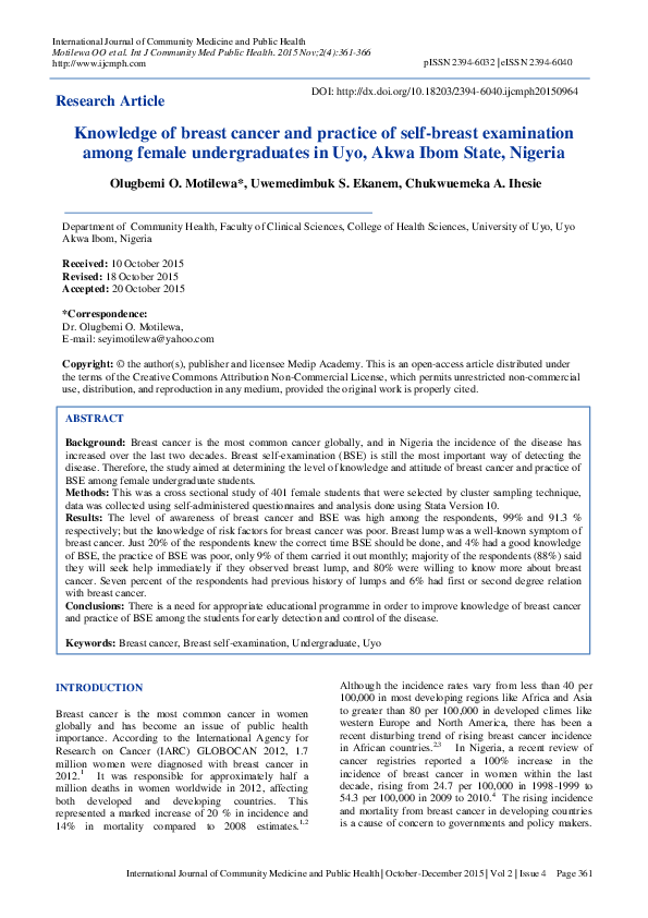 (PDF) Knowledge of breast cancer and practice of self-breast ...