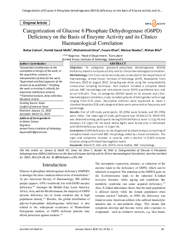 (PDF) Categorization of Glucose 6 Phosphate Dehydrogenase (G6PD ...