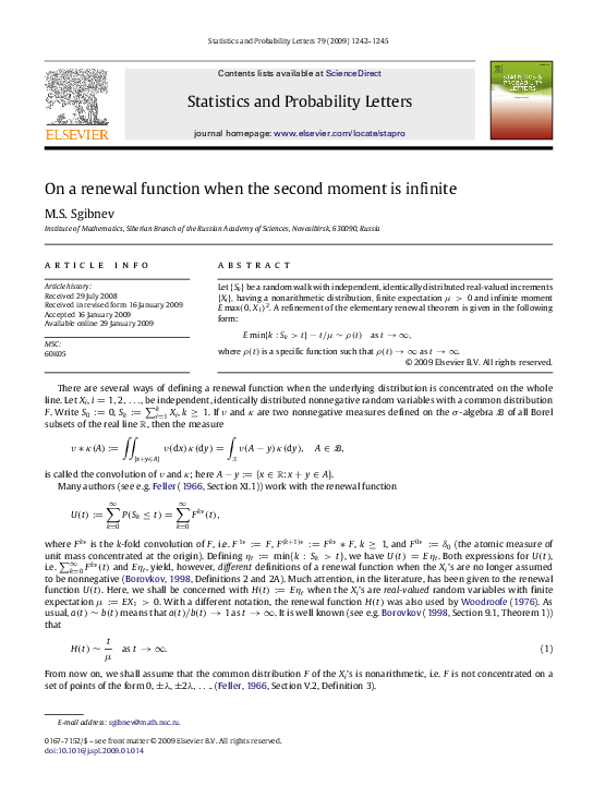 (PDF) On a renewal function when the second moment is infinite