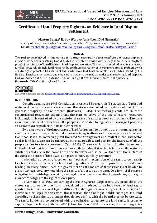 (PDF) Certificate of Land Property Rights as an Evidence in Land