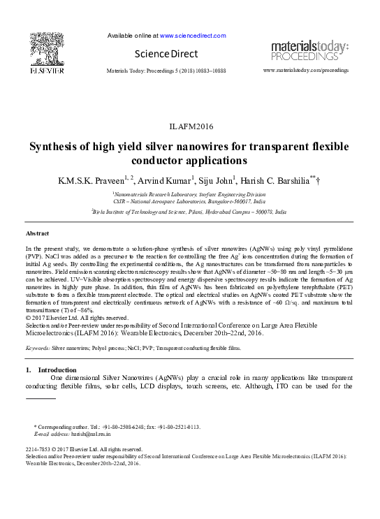(PDF) Synthesis of high yield silver nanowires for transparent flexible ...