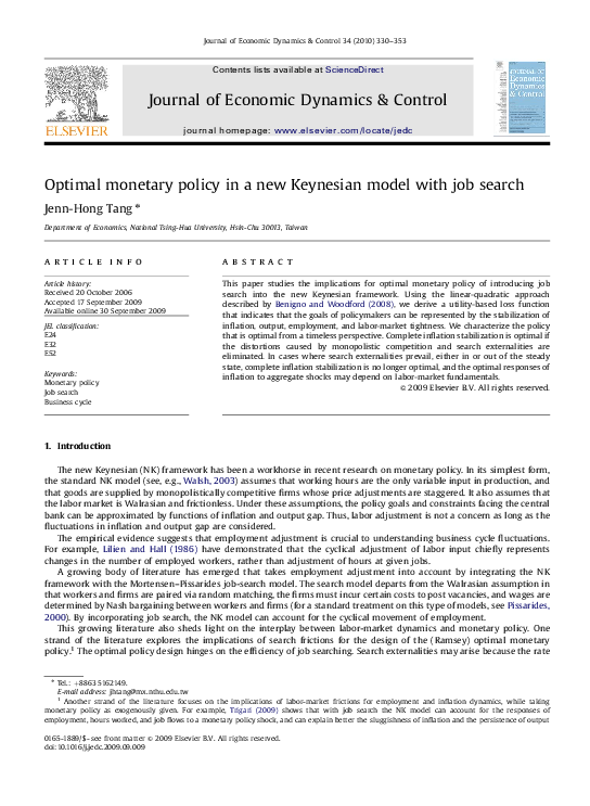 (PDF) Optimal monetary policy in a new Keynesian model with job search