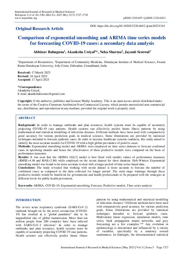 (PDF) Comparison of exponential smoothing and ARIMA time series models ...