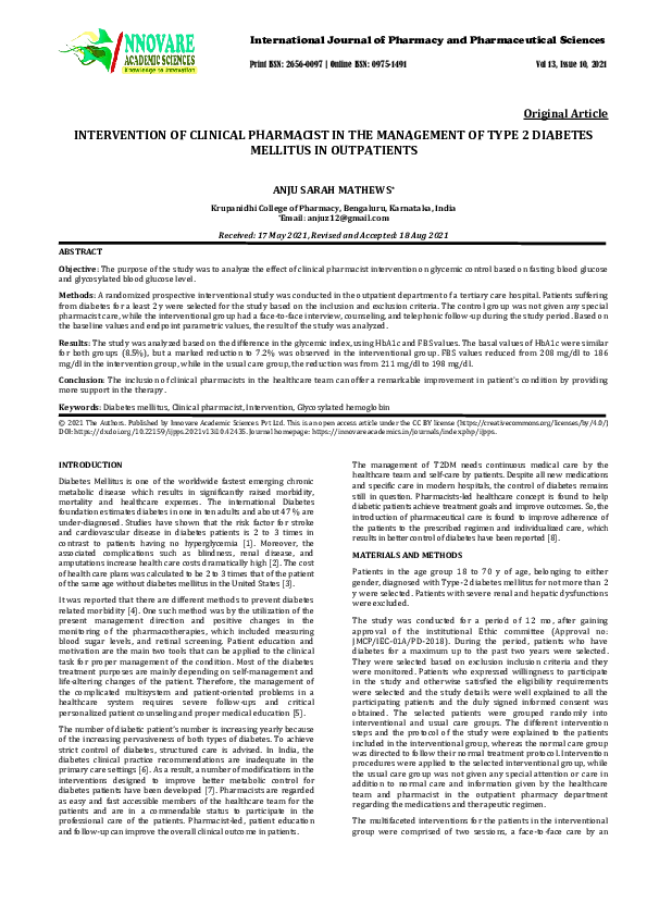 (PDF) INTERVENTION OF CLINICAL PHARMACIST IN THE MANAGEMENT OF TYPE 2 ...