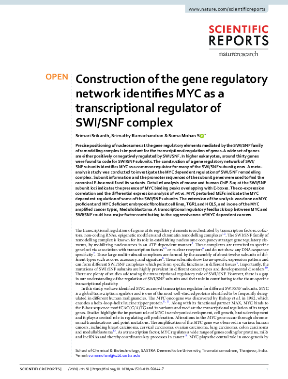 (PDF) Construction of the gene regulatory network identifies MYC as a ...