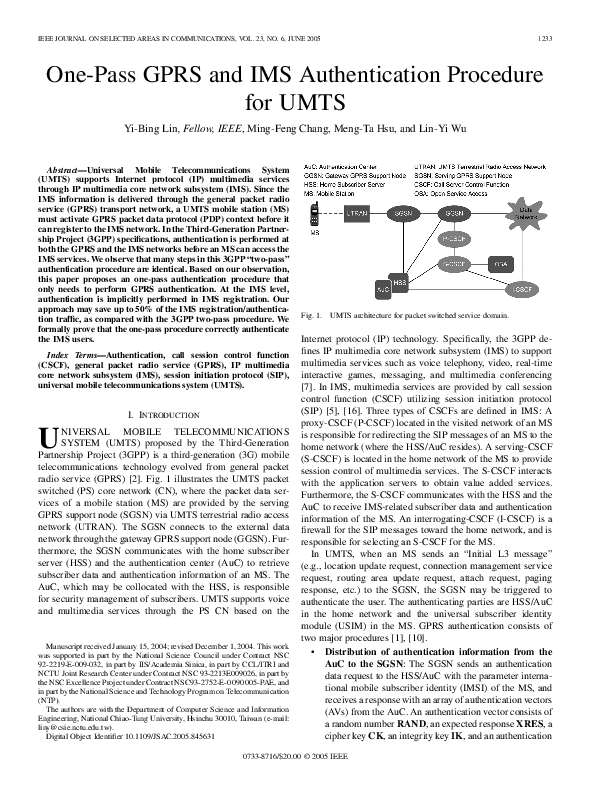 (PDF) One-pass GPRS and IMS authentication procedure for UMTS