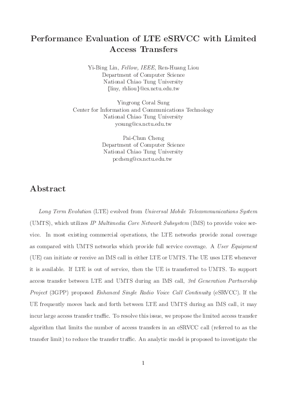 (PDF) Performance Evaluation of LTE eSRVCC with Limited Access Transfers