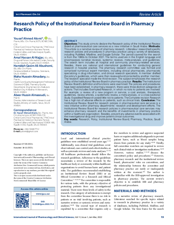 (PDF) Research Policy of the Institutional Review Board in Pharmacy ...