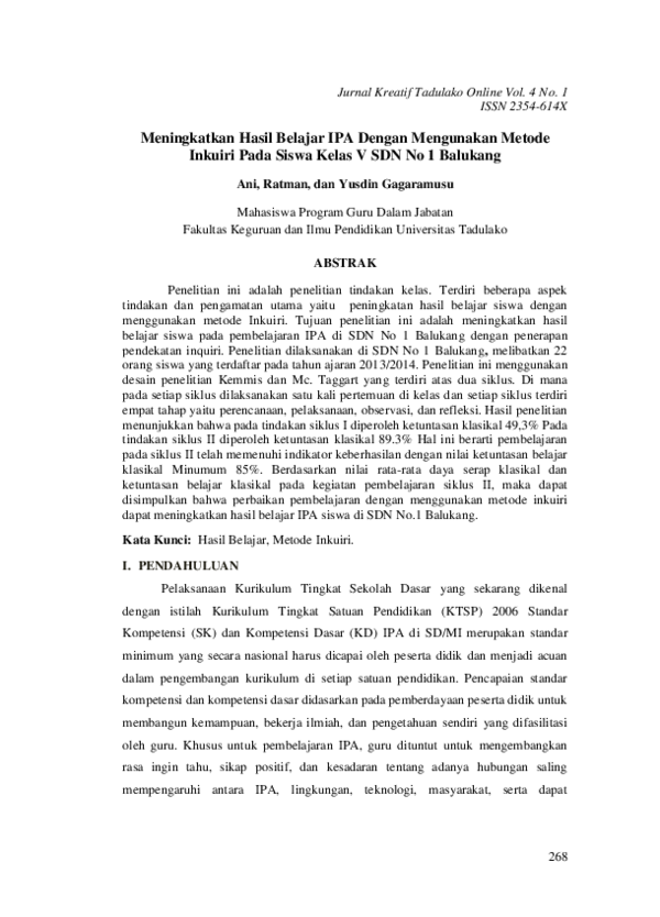 (PDF) Meningkatkan Hasil Belajar IPA Dengan Mengunakan Metode Inkuiri ...