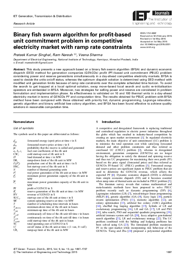 (PDF) Binary fish swarm algorithm for profit‐based unit commitment ...
