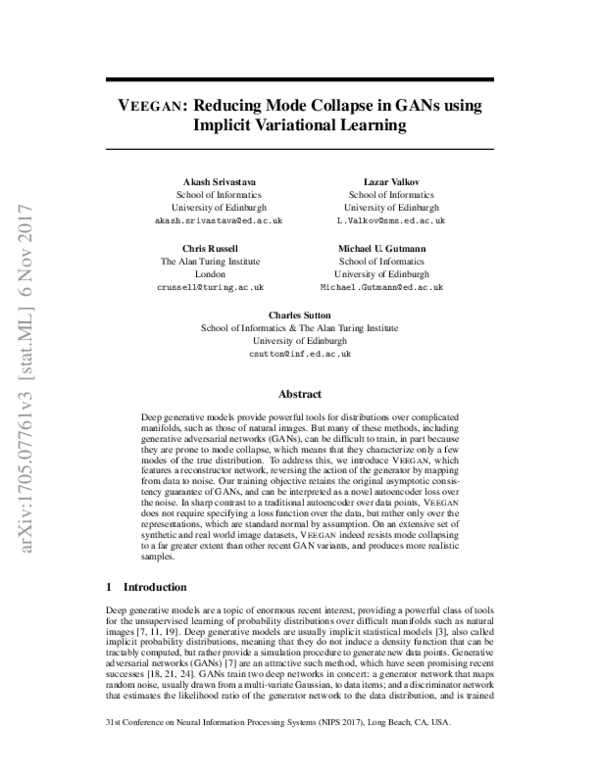 Pdf Veegan Reducing Mode Collapse In Gans Using Implicit Variational