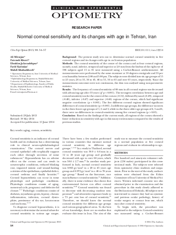 (PDF) Normal corneal sensitivity and its changes with age in Tehran, Iran