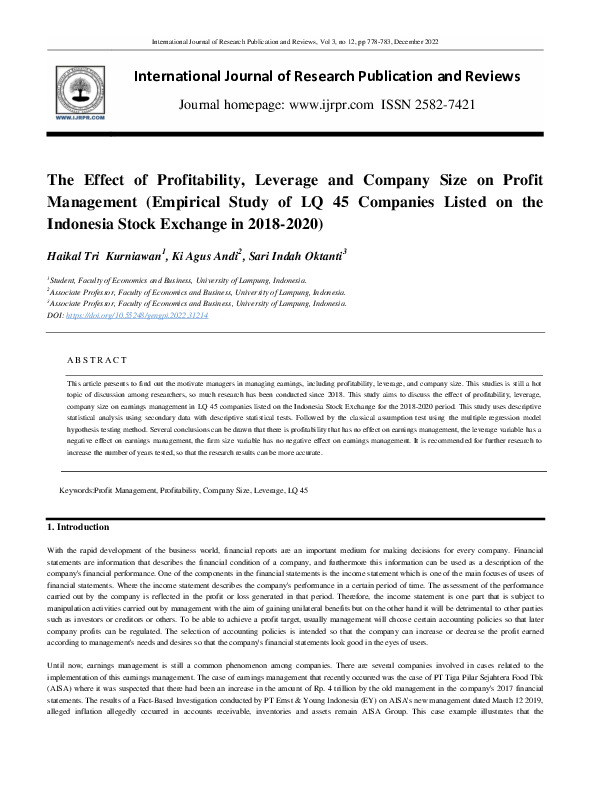 (PDF) The Effect of Profitability, Leverage and Company Size on Profit ...