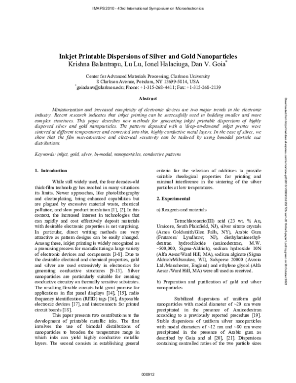 (PDF) Inkjet Printable Dispersions of Silver and Gold Nanoparticles