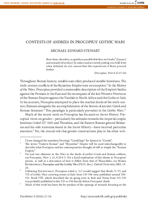 'Contests of Andreia in Procopius' Gothic Wars,'   Παρεκβολαι 4 (2014): pp. 21-54