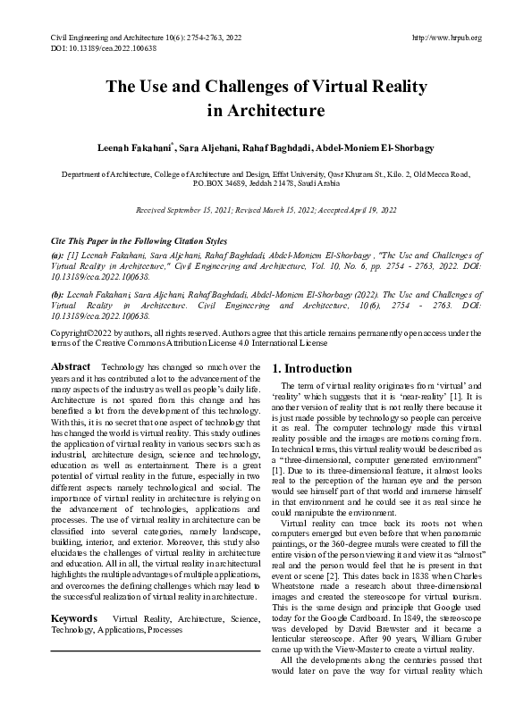 (PDF) The Use and Challenges of Virtual Reality in Architecture