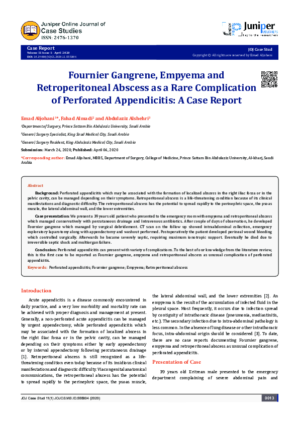 (PDF) Fournier Gangrene, Empyema and Retroperitoneal Abscess as a Rare