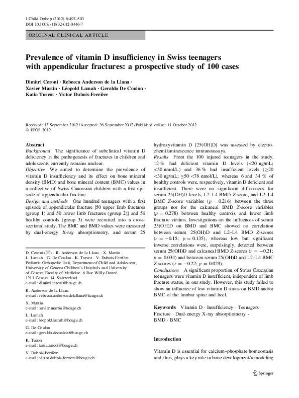 (PDF) Prevalence of vitamin D insufficiency in Swiss teenagers with ...