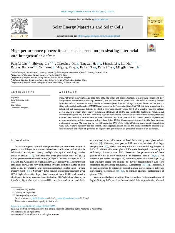 (PDF) High-Performance Perovskite Solar Cells Based on the Post Treatments