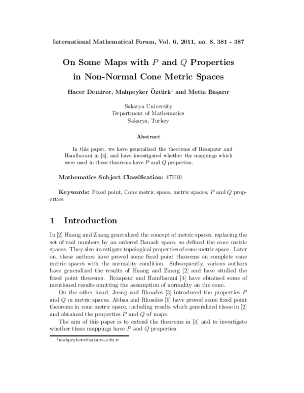 (PDF) On some maps with P and Q properties in non-normal cone metric spaces