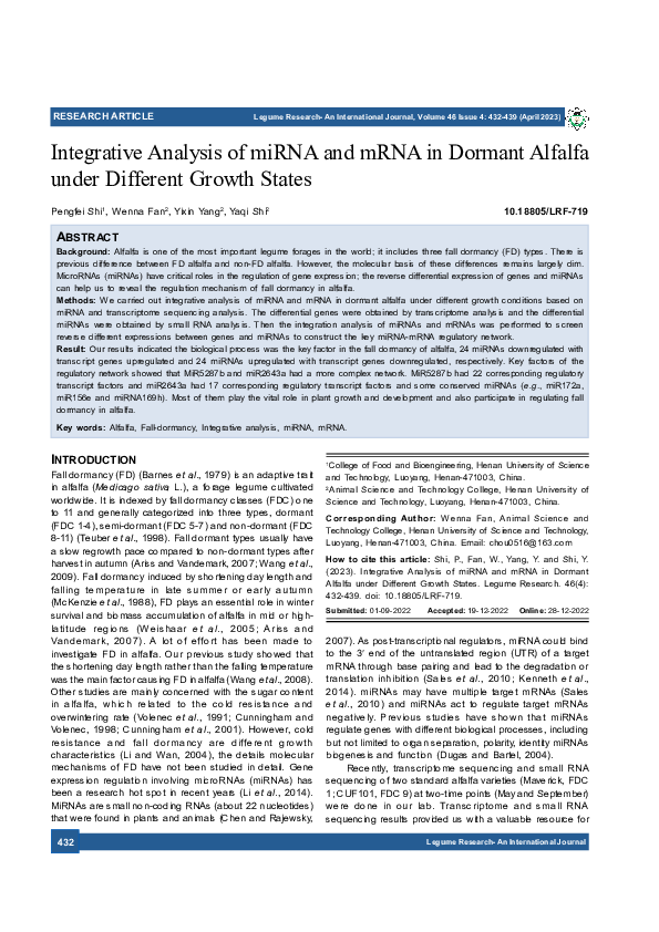 (PDF) Integrative Analysis of miRNA and mRNA in Dormant Alfalfa under ...