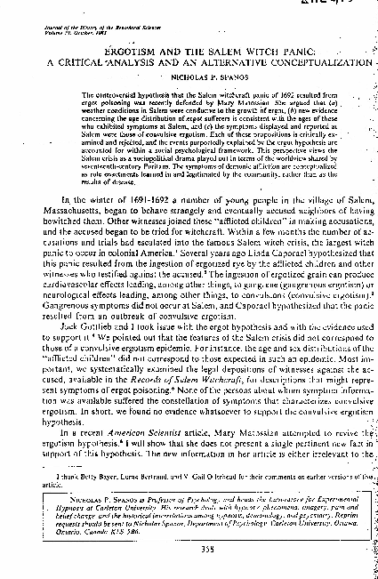 (PDF) Ergotism and the Salem witch panic: A critical analysis and an ...