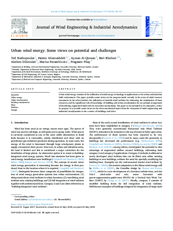 (PDF) Urban wind energy: Some views on potential and challenges