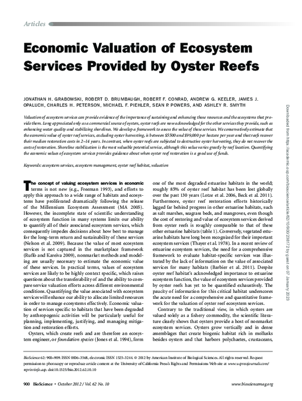 (PDF) Economic Valuation of Ecosystem Services Provided by Oyster Reefs