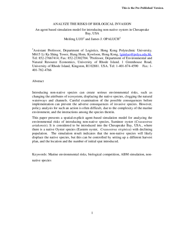 (PDF) Analyze the risks of biological invasion
